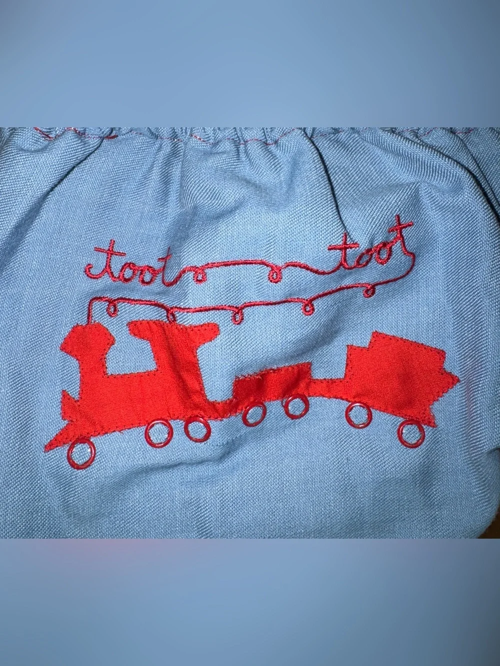 Vintage 80’s light blue denim bubble romper toot toot train on butt 6-12 months